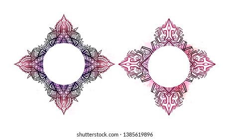 Set of round frames with boho pattern and watercolor blots. The object is separate from the background. Vector native element for invitation, banner and your creativity