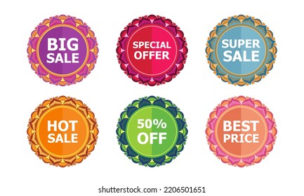 Set of round frames with bright colorful patterns. Discount banner design with abstract floral ornament. Promo circle sticker. 