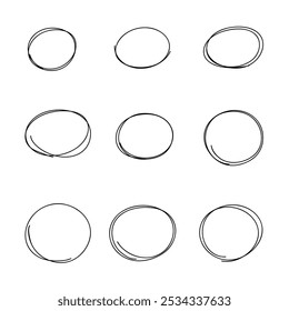 A set of round frames, circles drawn manually with a single line marker isolated on a white background, vector. A graphic geometric decorative element for design with text, highlighting important 