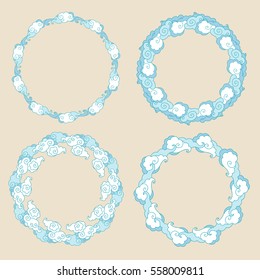 Set of round frames with clouds in oriental style. Vector hand drawn illustration