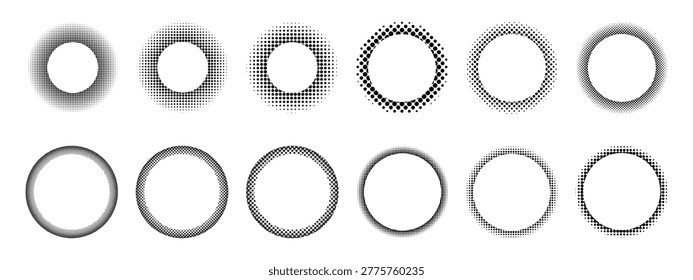 Set of round frames with dotted halftone texture. Circle shapes with polka dot, noise or grain borders isolated on white background. Circular decorative design elements. Vector graphic illustration.
