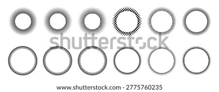 Set of round frames with dotted halftone texture. Circle shapes with polka dot, noise or grain borders isolated on white background. Circular decorative design elements. Vector graphic illustration.