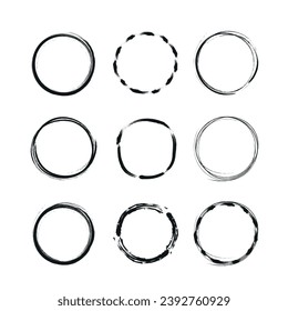 set of round frames drawn with ink brush strokes, hand drawn circle with black ink