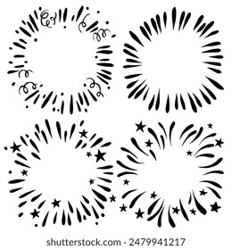 set of round frames, fireworks for America's Independence Day.black and white illustration