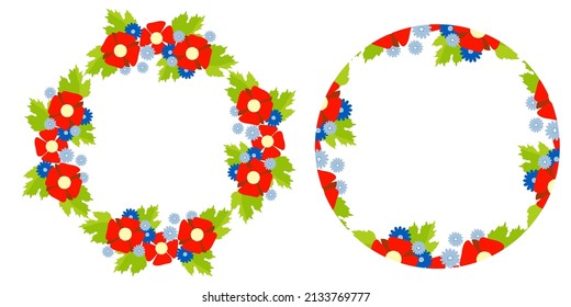 Set of round frames with floral pattern. decorative red poppies and mallows and blue cornflowers with place for text in center. Vector illustration For design, decor, projects and postcards