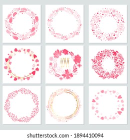 Set of round frames of flowers and hearts for Valentine's Day or for wedding cards and invitations