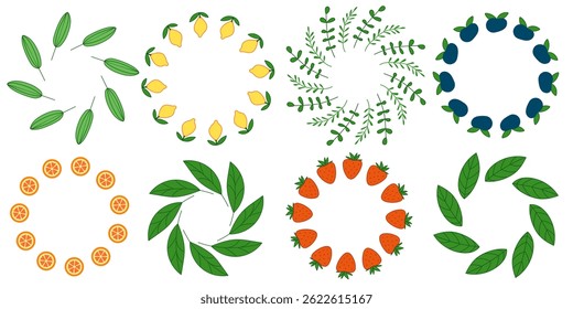 Set of round frames with fruits and leaves