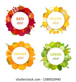 Set of round frames of fruits and vegetables of different colors. Vector stickers on the theme of healthy eating and vegetarianism isolated on white background. Multi-colored diets. Border of food.