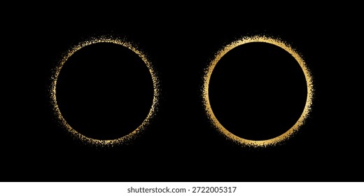 Conjunto de marcos redondos con textura de polvo dorado. Formas circulares de oro con brillo, punteado o efecto mezzotint bordes aislados sobre fondo negro. Siluetas de eclipse de sol. Ilustración vectorial.