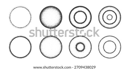 Set of round frames with grainy texture. Circular shapes with noise, sand or dust borders isolated on white background. Decorative design elements with mezzotint effect. Vector graphic illustration.