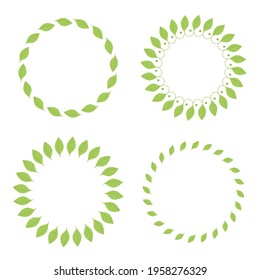 Set round frames with green leaves. Template, place for text, design of cards, banners. Green tea leaves, matcha. Healthy lifestyle, ecology, spring frame. Illustration in flat style