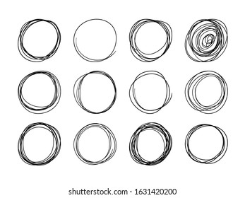 Set of round frames, hand drawing with a pencil, pen. Round design elements, stroke, sloppy simple drawing, scribble, strikethrough. Vector illustration isolated on a white background