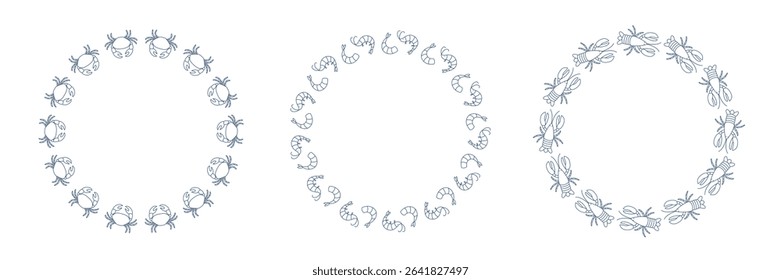 Set of round frames with hand drawn outline lobster, crab and shrimps. Design elements for menu, poster, banner, cover. Isolated vector illustration 