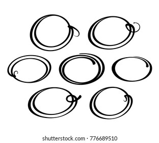 Set of round frames hand-drawn with a brush.Vector illustration.Black on white.