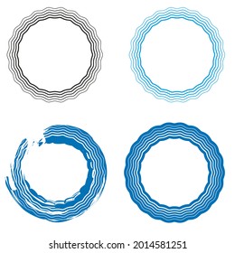 A set of round frames for labels with symbols of water, waves and the sea. Made using the minimum amount of paints used