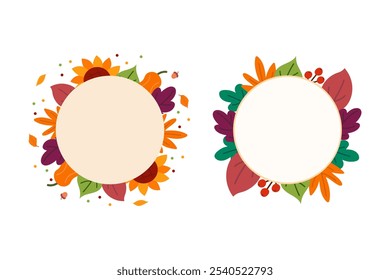 Set of round frames with leaves and autumn elements. Isolated on transparent background.