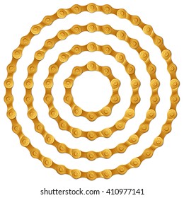 Set of round frames made of golden metal bicycle chain, isolated on white, vector illustration