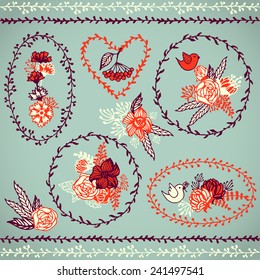 set of round frames made with hand drawn pattern brushes, floral design elements