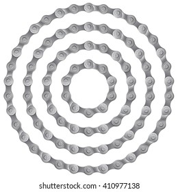 Set of round frames made of metal bicycle chain, isolated on white, vector illustration