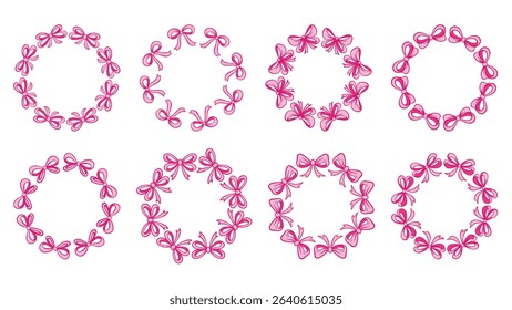 Set round frames made of soft pink bows. Circle rims made of tied satin ribbons. Template for baby shower, birthday, holiday, vector element