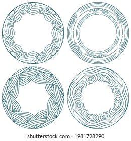 Set of round frames made of stylized waves in the oriental style of drawing. Vintage style for Chinese painting on porcelain.Vector illustration.