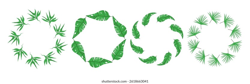 Set of round frames made of tropical leaves. Simple natural leaf design. Vector decoration template for cards, wedding invitations and birthday greetings.