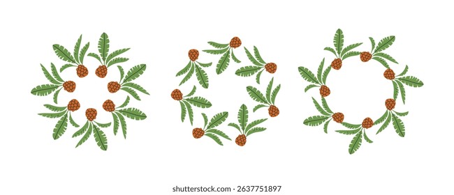 Set of round frames made of tropical palms. Simple natural leaf design. Vector decoration template for cards, wedding invitations and birthday greetings.