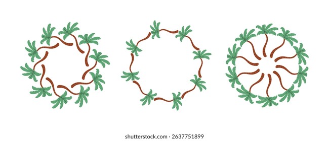 Set of round frames made of tropical palms. Simple natural leaf design. Vector decoration template for cards, wedding invitations and birthday greetings.