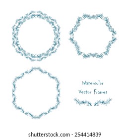 Set of round frames made of watercolor  blue branches with thorns. Hand-painted watercolor design elements isolated on white. Perfect for greetings, invitations, web design.