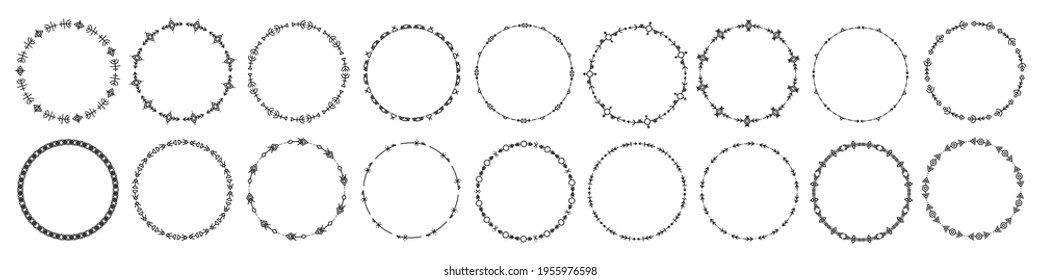 Set of round frames and monograms. Collection decorative circle borders. Abstract doodle. Rounds scribble line circles. Doodle circular logo design elements. Template labels, stickers, cards.