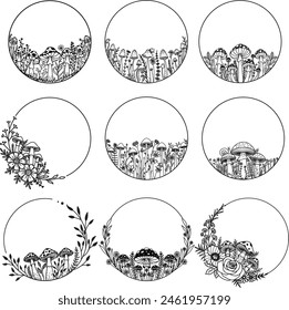Set of round frames with mushrooms,leaves and flowers for design element for making signs, cards, invitations, mugs, etc. Vector illustration.