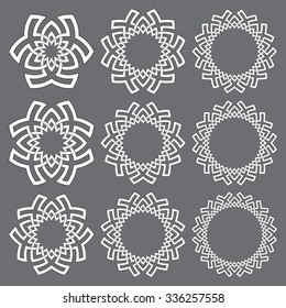 Set of round frames. Nine circle decorative elements for logo design with stripes braiding borders. White lines with black strokes on gray background.