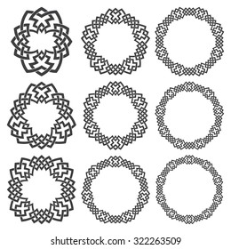 Set of round frames. Nine decorative elements for design with stripes braiding borders. Black lines on white background.