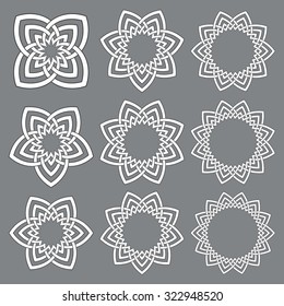 Set of round frames. Nine decorative elements for design with stripes braiding borders. White lines with black strokes on gray background.