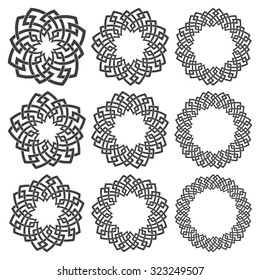 Set of round frames. Nine decorative elements for design with stripes braiding borders. Black lines on white background.