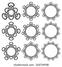 Set of round frames. Nine decorative elements for logo design with stripes braiding borders. Black lines on white background.