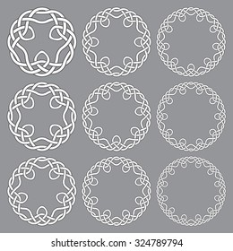 Set of round frames. Nine decorative elements for logo design with stripes braiding borders. White lines with black strokes on gray background.