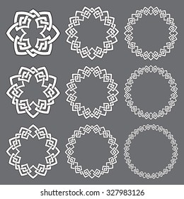Set of round frames. Nine decorative elements for logo design with stripes braiding borders. White lines with black strokes on gray background.