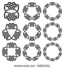 Set of round frames. Nine decorative elements for logo design with stripes braiding borders. Black lines on white background.