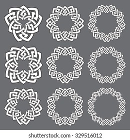 Set of round frames. Nine decorative elements for logo design with stripes braiding borders. White lines with black strokes on gray background.