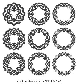 Set of round frames. Nine decorative elements for logo design with stripes braiding borders. Black lines on white background.