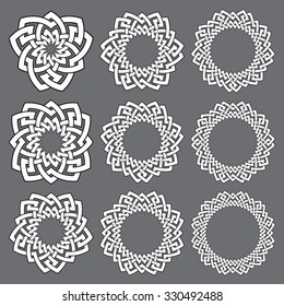 Set of round frames. Nine decorative elements for logo design with stripes braiding borders. White lines with black strokes on gray background.