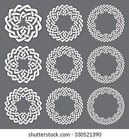 Set of round frames. Nine decorative elements for logo design with stripes braiding borders. White lines with black strokes on gray background.