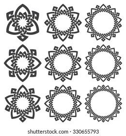 Set of round frames. Nine decorative elements for logo design with stripes braiding borders. Black lines on white background.