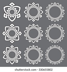 Set of round frames. Nine decorative elements for logo design with stripes braiding borders. White lines with black strokes on gray background.