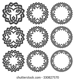 Set of round frames. Nine decorative elements for logo design with stripes braiding borders. Black lines on white background.