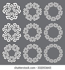 Set of round frames. Nine decorative elements for logo design with stripes braiding borders. White lines with black strokes on gray background.