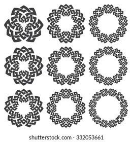 Set of round frames. Nine decorative elements for logo design with stripes braiding borders. Black lines on white background.