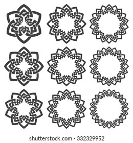 Set of round frames. Nine decorative elements for logo design with stripes braiding borders. Black lines on white background.