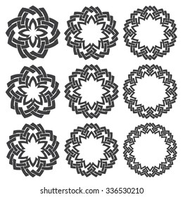 Set of round frames. Nine decorative elements for logo design with stripes braiding borders. Black lines on white background.